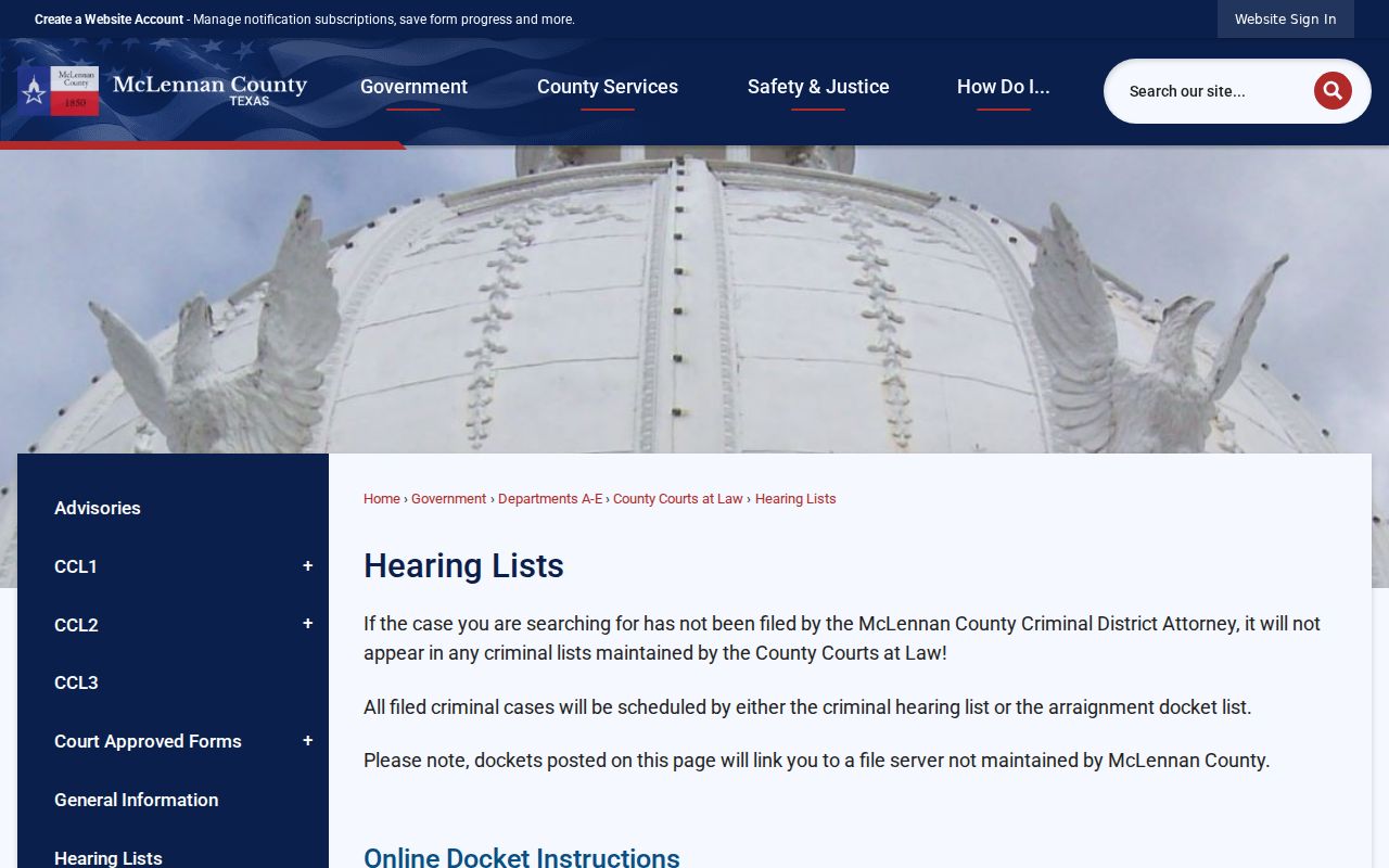 McLennan County criminal court docket hearing list access