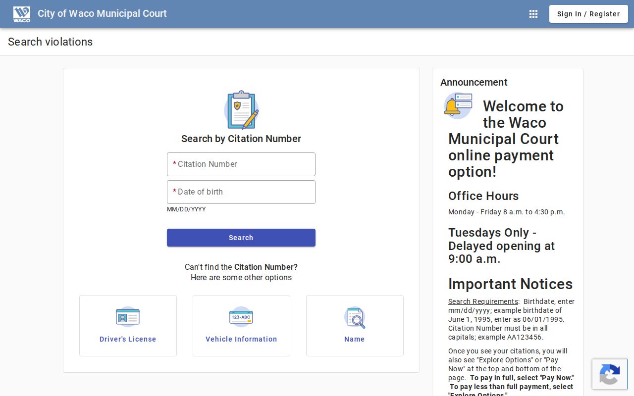 Waco court records citation search fields