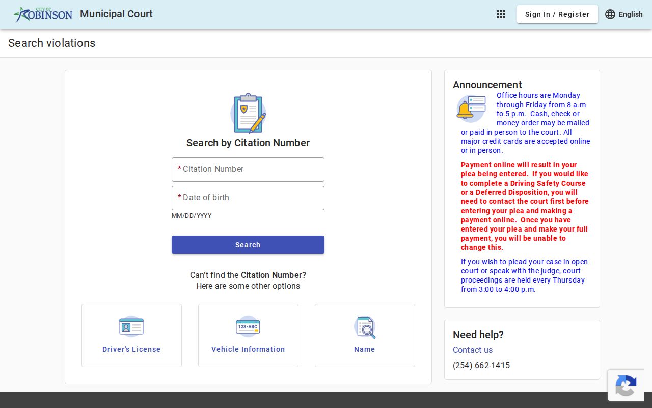 Robinson court records citation lookup fields