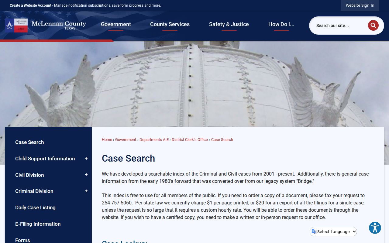 McLennan County Case Search landing page